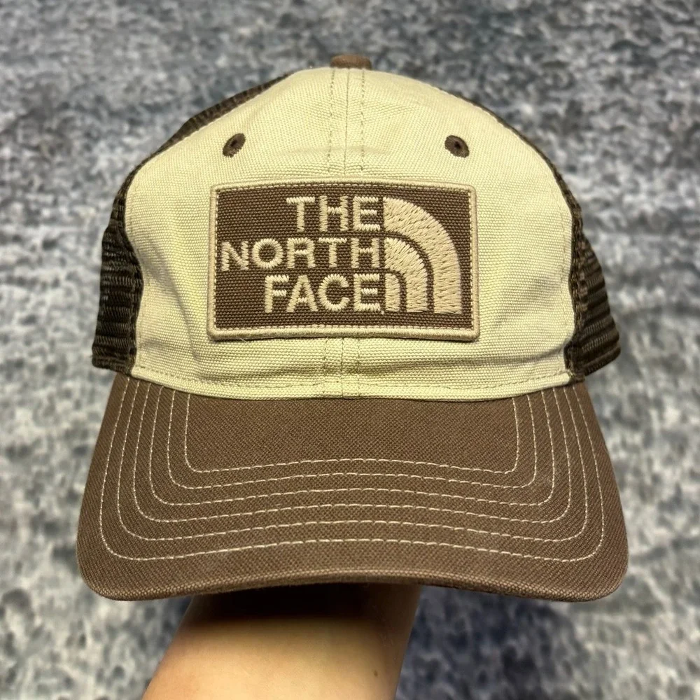 Vintage The North Face Trucker Hat Snapback Mesh Logo Beige Brown Adjustable